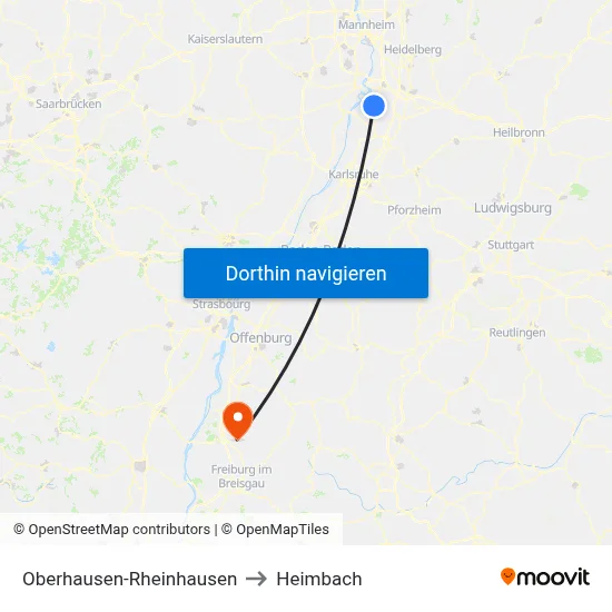 Oberhausen-Rheinhausen to Heimbach map