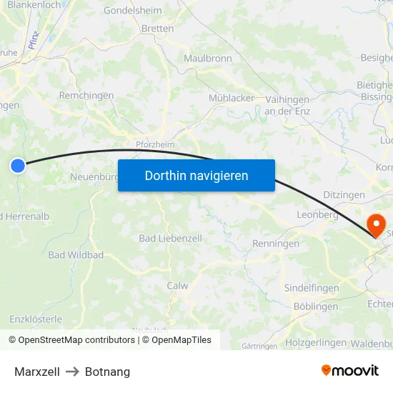 Marxzell to Botnang map