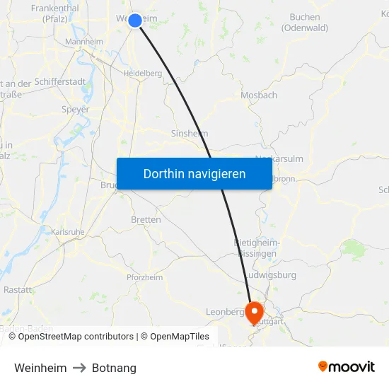 Weinheim to Botnang map