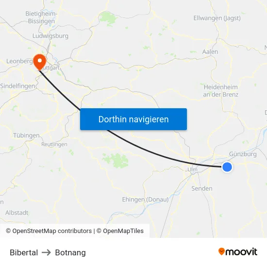 Bibertal to Botnang map