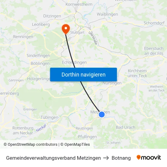 Gemeindeverwaltungsverband Metzingen to Botnang map