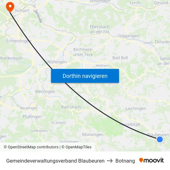Gemeindeverwaltungsverband Blaubeuren to Botnang map