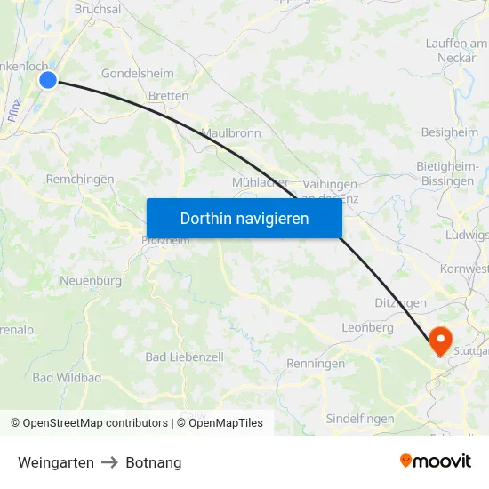 Weingarten to Botnang map