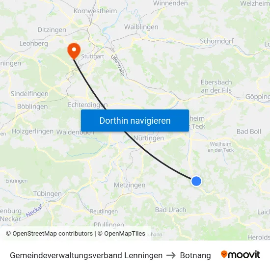 Gemeindeverwaltungsverband Lenningen to Botnang map