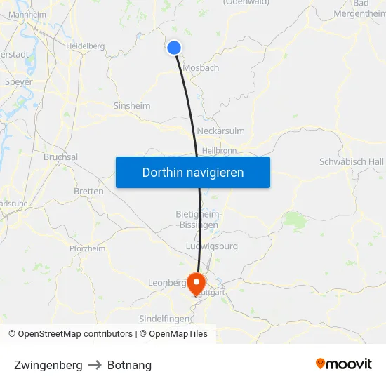 Zwingenberg to Botnang map