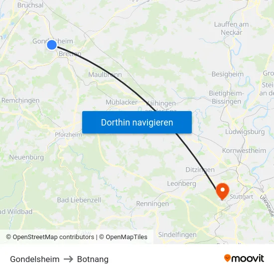 Gondelsheim to Botnang map