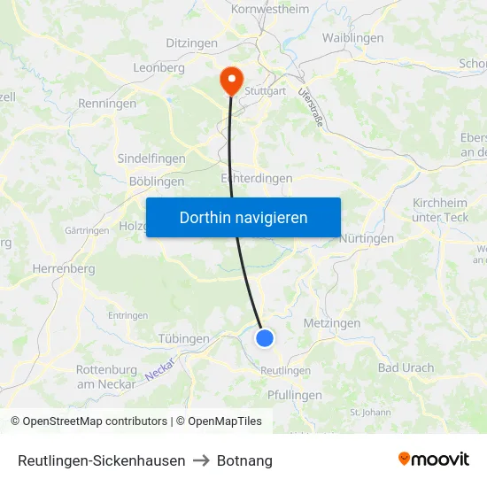 Reutlingen-Sickenhausen to Botnang map