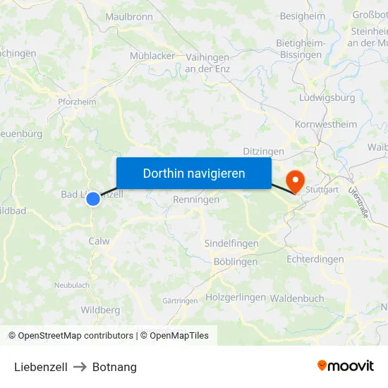 Liebenzell to Botnang map
