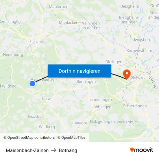 Maisenbach-Zainen to Botnang map