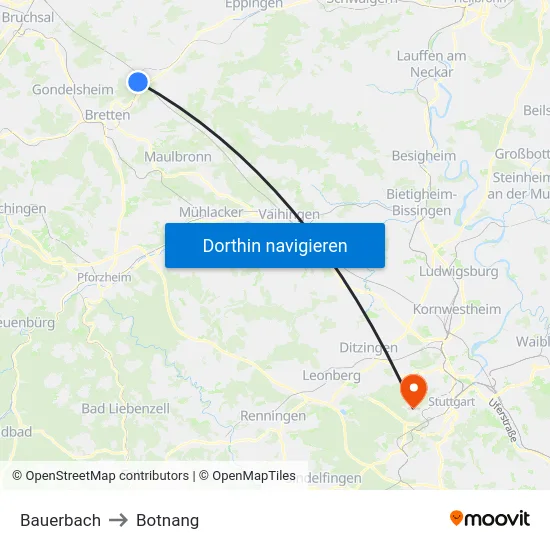 Bauerbach to Botnang map
