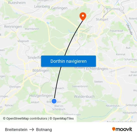 Breitenstein to Botnang map