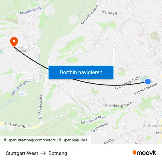 Stuttgart-West to Botnang map