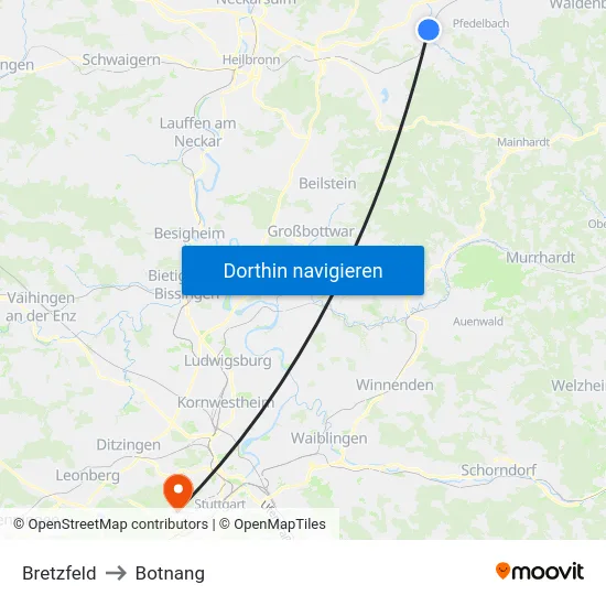 Bretzfeld to Botnang map