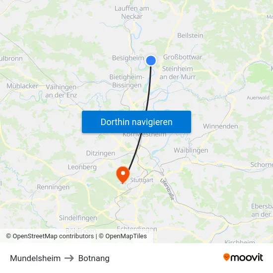Mundelsheim to Botnang map