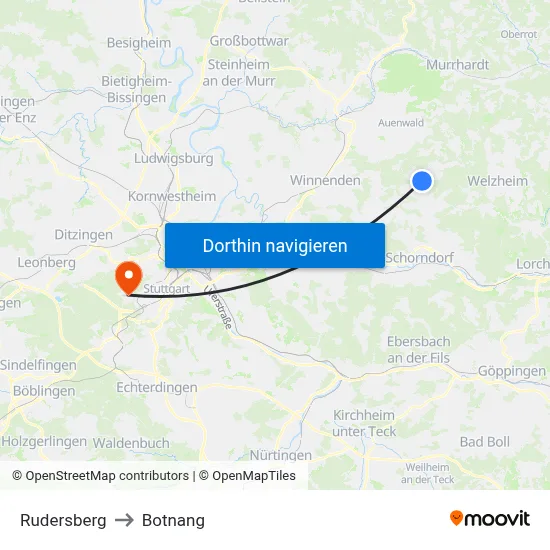Rudersberg to Botnang map