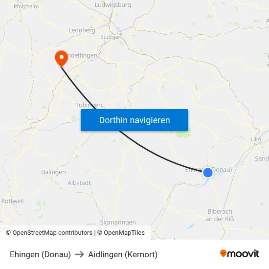 Ehingen (Donau) to Aidlingen (Kernort) map