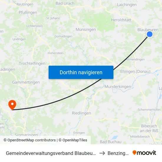 Gemeindeverwaltungsverband Blaubeuren to Benzingen map