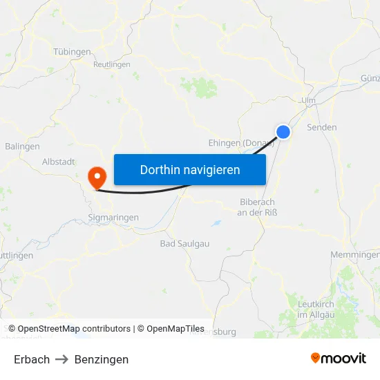 Erbach to Benzingen map