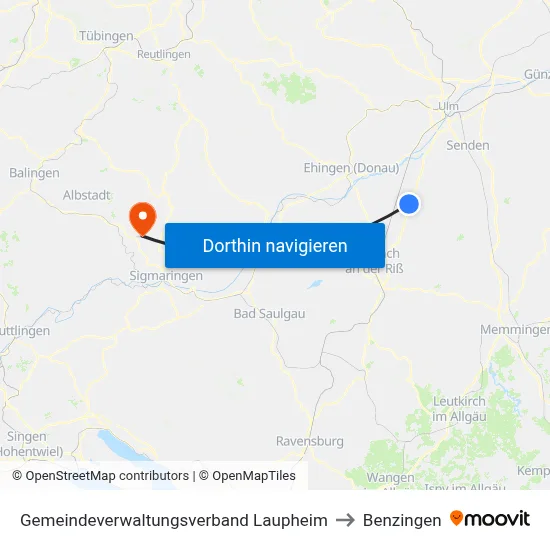 Gemeindeverwaltungsverband Laupheim to Benzingen map