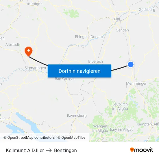 Kellmünz A.D.Iller to Benzingen map