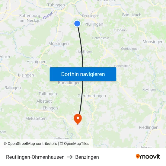 Reutlingen-Ohmenhausen to Benzingen map