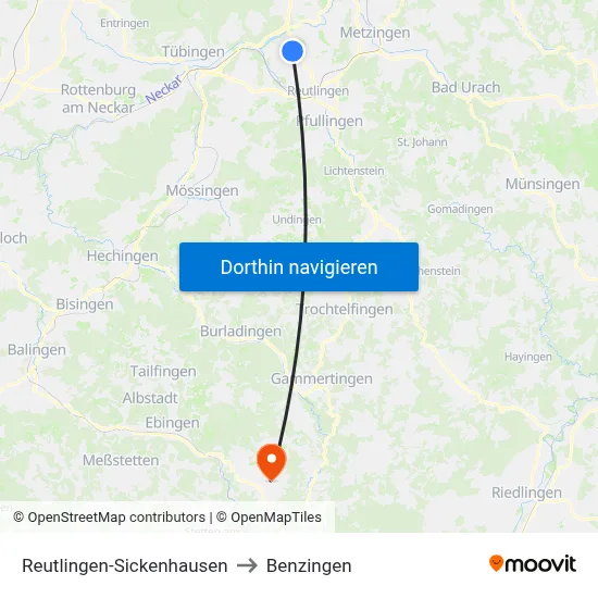 Reutlingen-Sickenhausen to Benzingen map