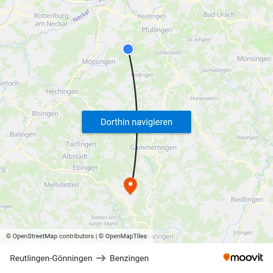 Reutlingen-Gönningen to Benzingen map