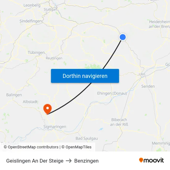 Geislingen An Der Steige to Benzingen map