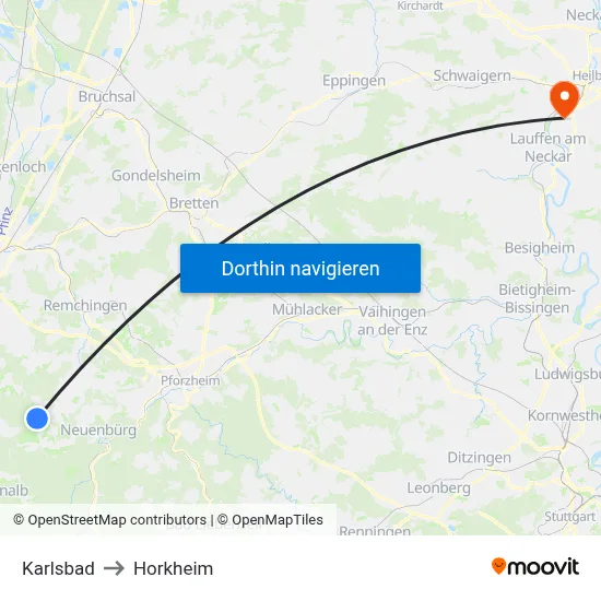 Karlsbad to Horkheim map