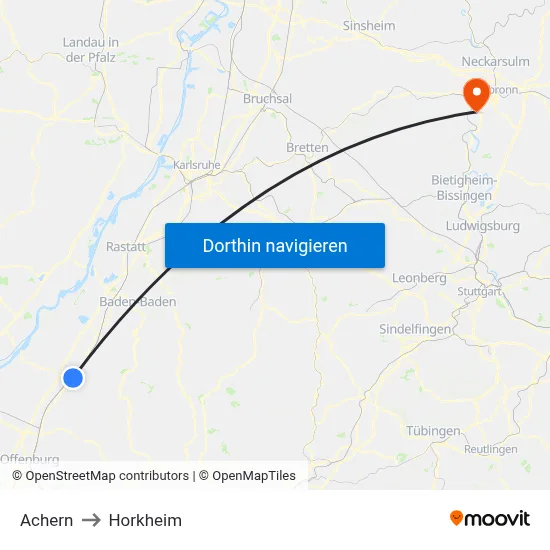 Achern to Horkheim map