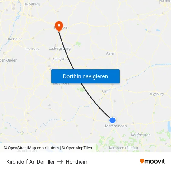 Kirchdorf An Der Iller to Horkheim map
