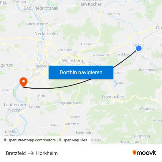 Bretzfeld to Horkheim map