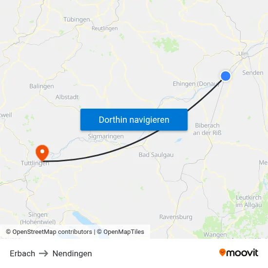 Erbach to Nendingen map
