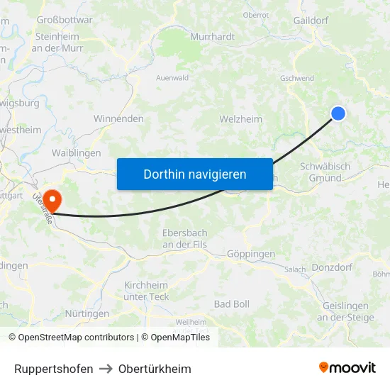 Ruppertshofen to Obertürkheim map