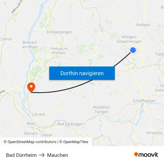Bad Dürrheim to Mauchen map