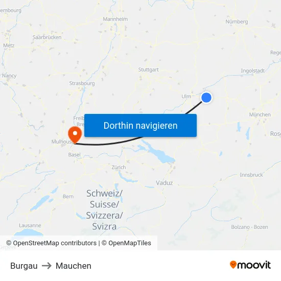 Burgau to Mauchen map