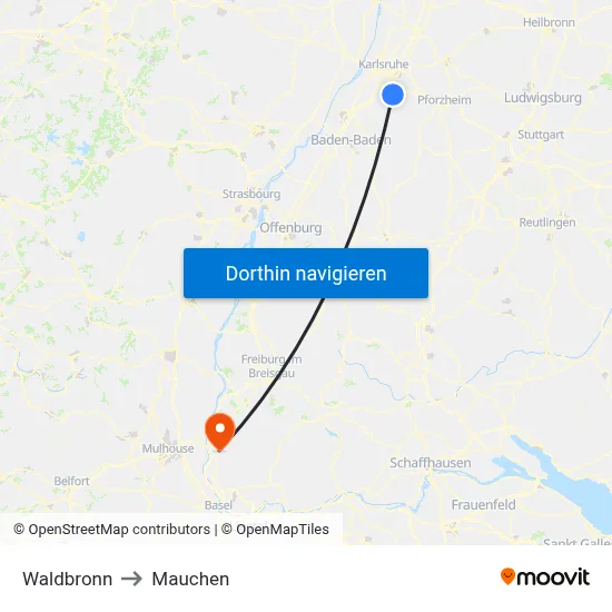 Waldbronn to Mauchen map