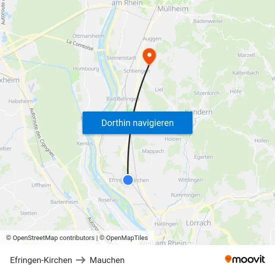 Efringen-Kirchen to Mauchen map