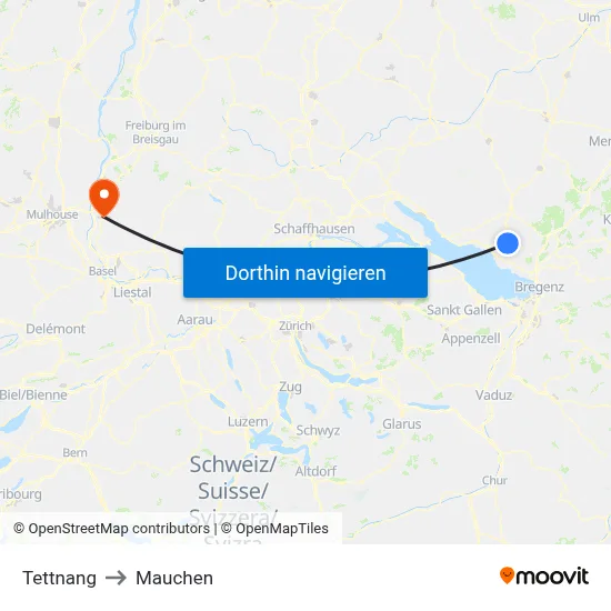 Tettnang to Mauchen map