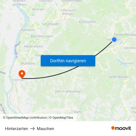 Hinterzarten to Mauchen map