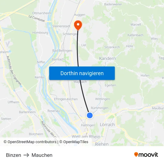 Binzen to Mauchen map