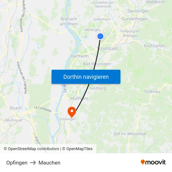 Opfingen to Mauchen map