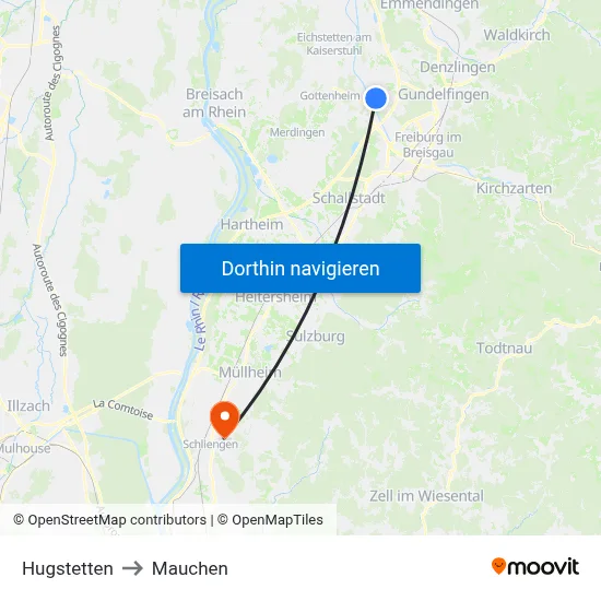 Hugstetten to Mauchen map