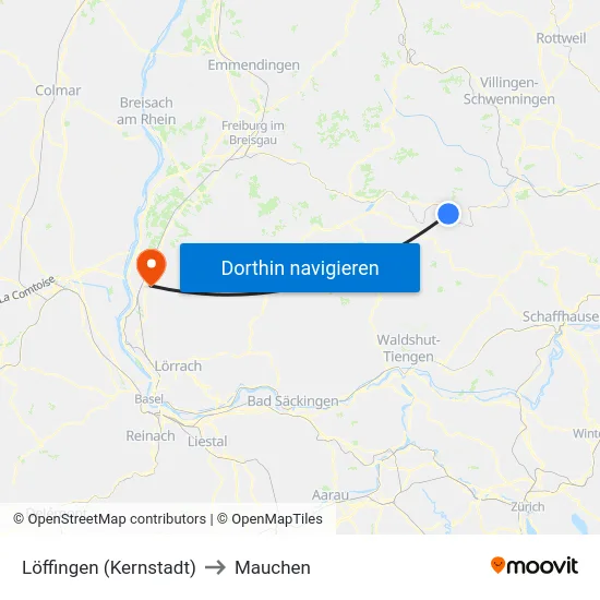 Löffingen (Kernstadt) to Mauchen map