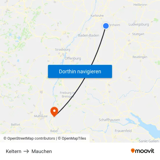 Keltern to Mauchen map
