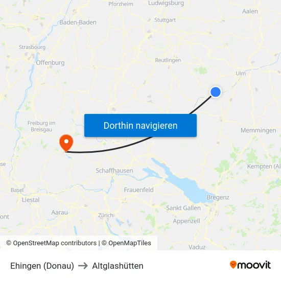 Ehingen (Donau) to Altglashütten map