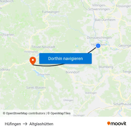 Hüfingen to Altglashütten map