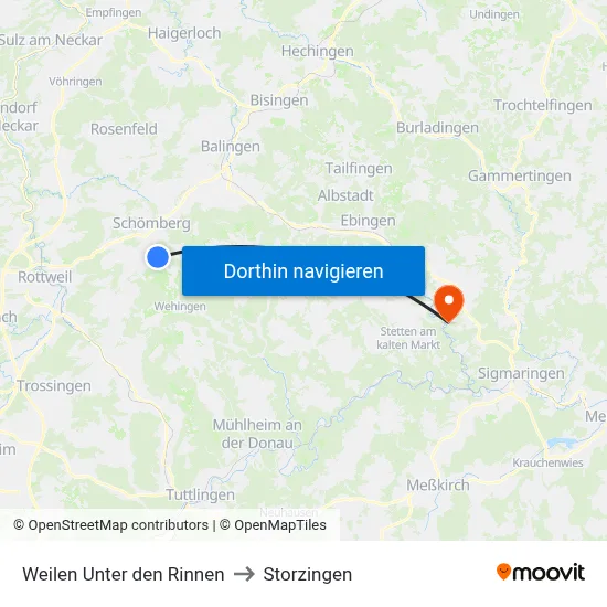 Weilen Unter den Rinnen to Storzingen map