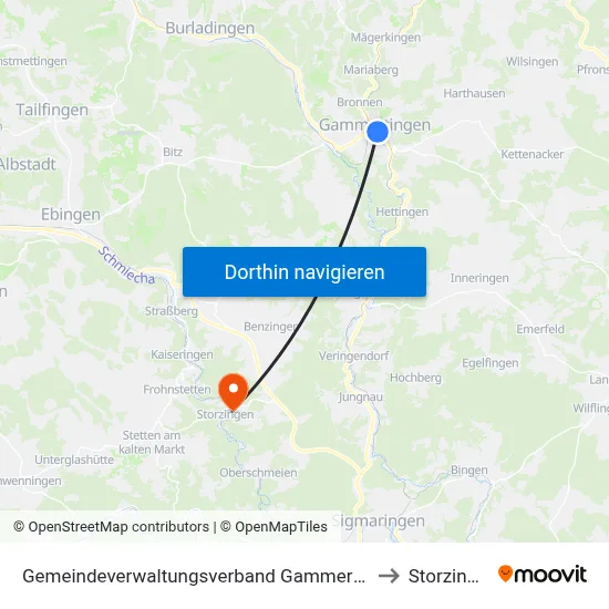 Gemeindeverwaltungsverband Gammertingen to Storzingen map