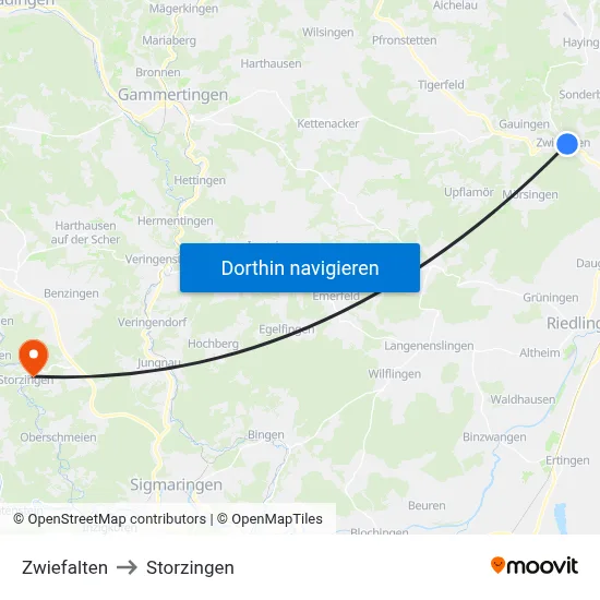 Zwiefalten to Storzingen map
